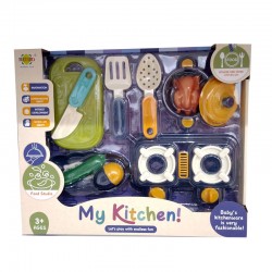 Ensemble de vaisselle en plastique pour enfants, avec modèles de cuisinière et d'aliments dans une boîte