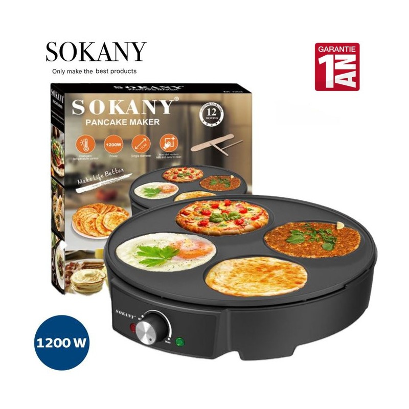 Sokany Pancake & Grill électrique-Multifonction-Antiadhésif-1200W - Noir - Garantie 1an