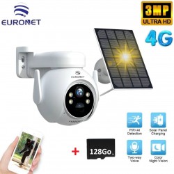 Caméra surveillance WIFI - 3MP - 4G - a energie solaire - full color - colorvu + carte memoire 128Go euronet