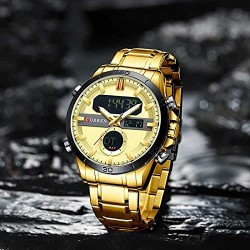 Curren Montre numérique à quartz en acier inoxydable doré pour homme