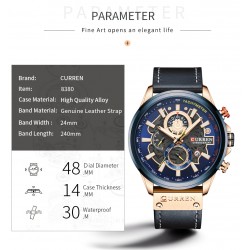 Curren Montre-bracelet de sport , chronographe, militaire, luxe, bleu, cuir véritable,