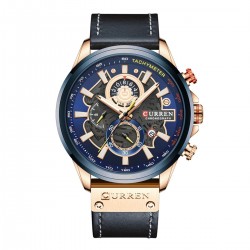 Curren Montre-bracelet de sport , chronographe, militaire, luxe, bleu, cuir véritable,
