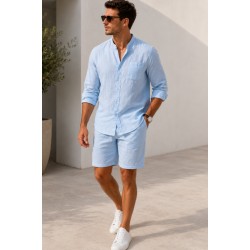 Ensemble Kamraya en Lin pour Homme (Chemise Col Mao & Short) - Bleu Ciel