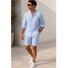 Ensemble Kamraya en Lin pour Homme (Chemise Col Mao & Short) - Bleu Ciel