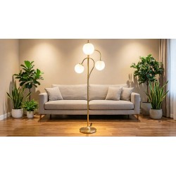 Lampadaire sur pied moderne à 3 globes structure en métal doré brillant