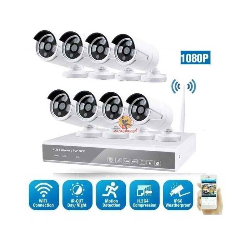 Pack 8 caméras surveillance IP + NVR de 8 - Sans Fil - Kit complet