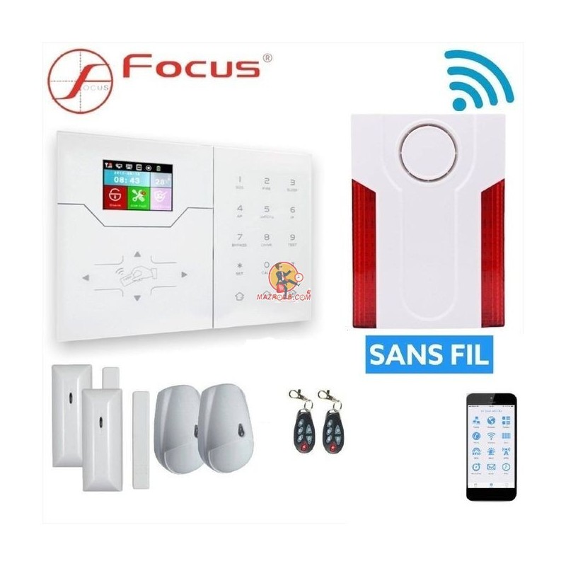 Focus Pack Système Alarme GSM + WIFI - 2 en 1 - Sans Fil et Filiaire + sirene extérieur sans fil - kit complet